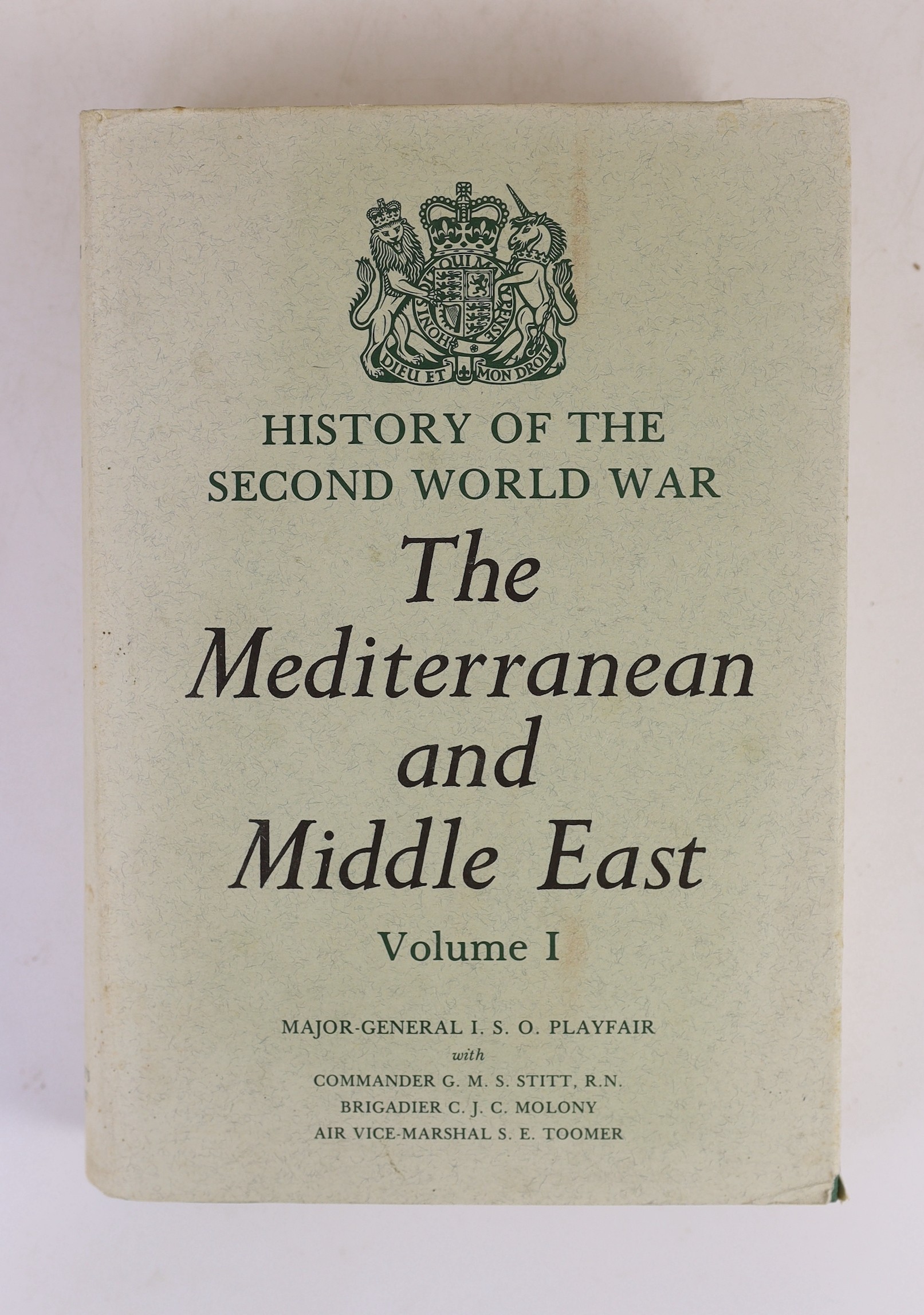 Playfair, S.O (Maj.-Gen) et al - History of the Second World War. The Mediterranean and the Middle East, 6 vols in 8, 8vo, cloth with d/j’s, 4 vols with library stickers to front fly leaves, HMSO, London, 1954-1988